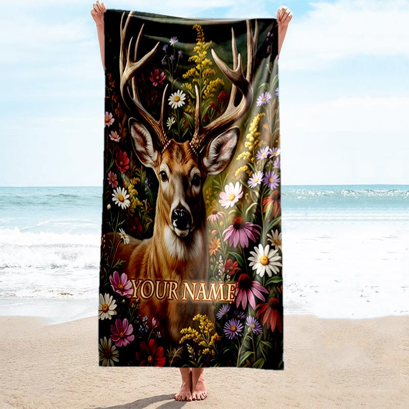 1PC Custom Name Deer Wildflowers Beach Towel Highly Absorbent And Sand-Resistant Towel for Swimming, Pool, Yoga, And Travel Lightweight