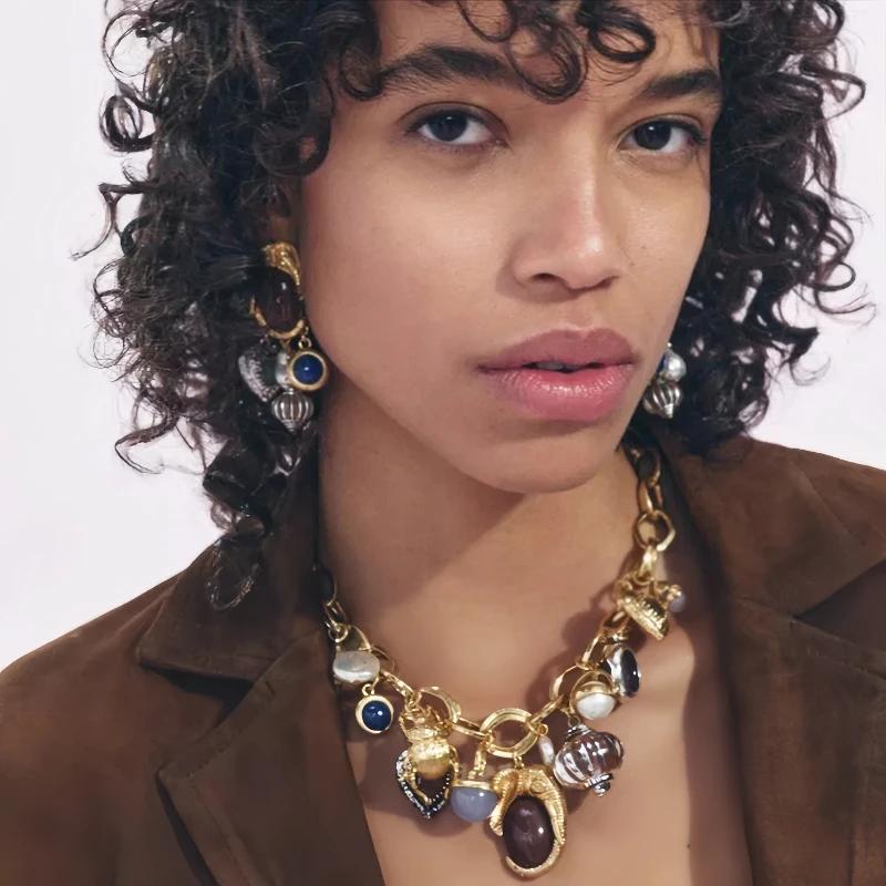 Bohemian Retro Earring Necklace Vintage Resin Gemstone Love Lantern Imitation Pearl Earrings and Necklace Set Jewelry Gifts
