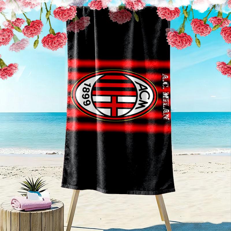 מגבת חוף עם הדפס לוגו AC Milan, מגבת גדולה רכה מתייבשת במהירות לקמפינג חוף שחייה