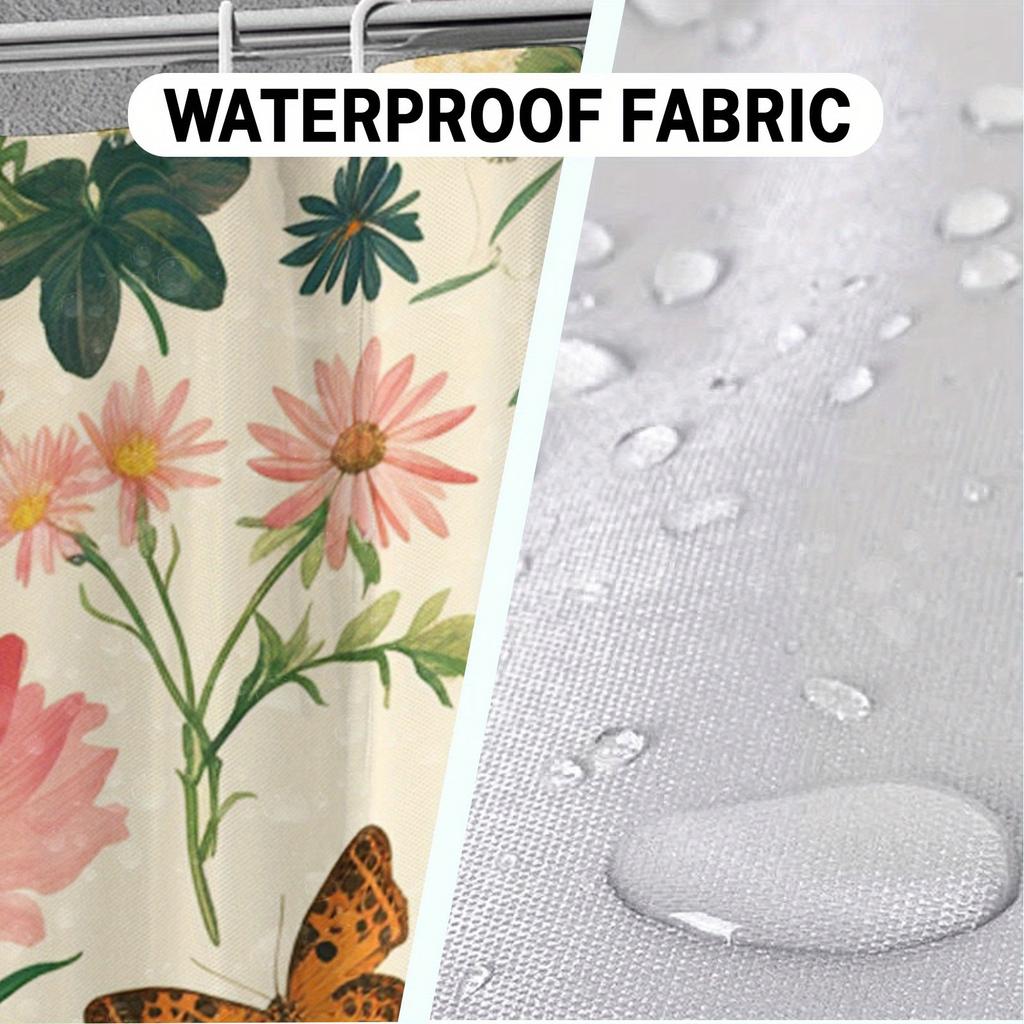 Shower Curtain: Vintage Floral and Butterfly Print for a Charming and Nature-Inspired Bathroom Decor