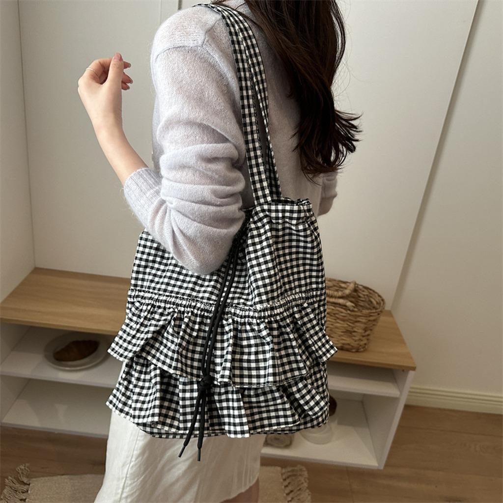Check Pattern Tote Bag Lace Trim Street Daily Bag Multi-Way Shoulder Bag Large Capacity Large Capacity Handbag For Daily School