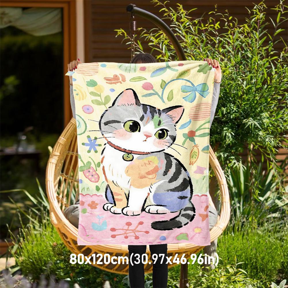 

1pc cat, flowers Outdoor Flannel Blanket Soft Warm All-Season Throw for Sofa Bed Car Camping Office, Cozy Gift Idea1310S 80x120cm(31x47inch)