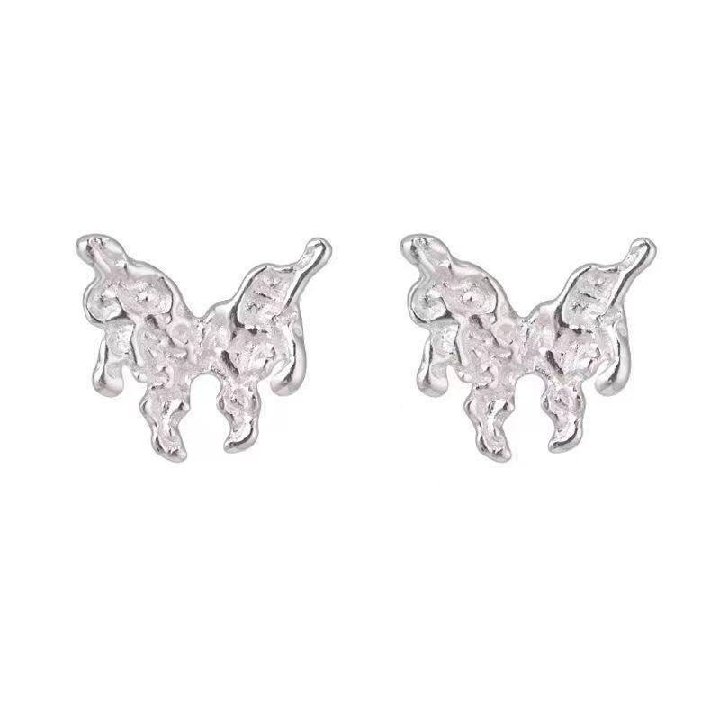 Silver Molten Lava Butterfly Stud Earrings - Screw-on High-quality Pierced Earrings with No Need To Remove The Jewelry