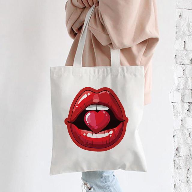 Red Lips Canvas Shoulder Tote Bag For Women Casual Fashion Shopping Bag Large Capacity Handbag Party Travel Orange Best Gifts