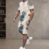 Men Plus Size Printed Round Neck Short Sleeve Top Drawstring Pocket Shorts Two Piece Set