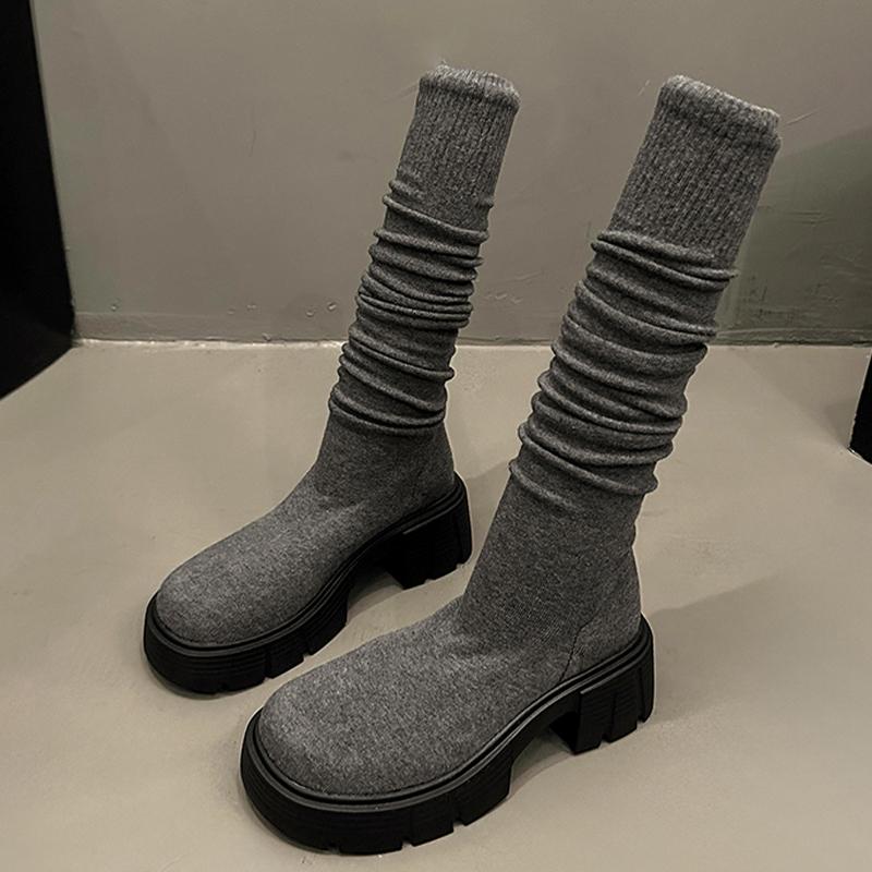 

Модные женские высокие сапоги на платформе, дизайнерские зимние туфли, ботфорты-носки, модные ботинки челси 2025, новые, уютные, для платья, ботинки женские 38 серый
