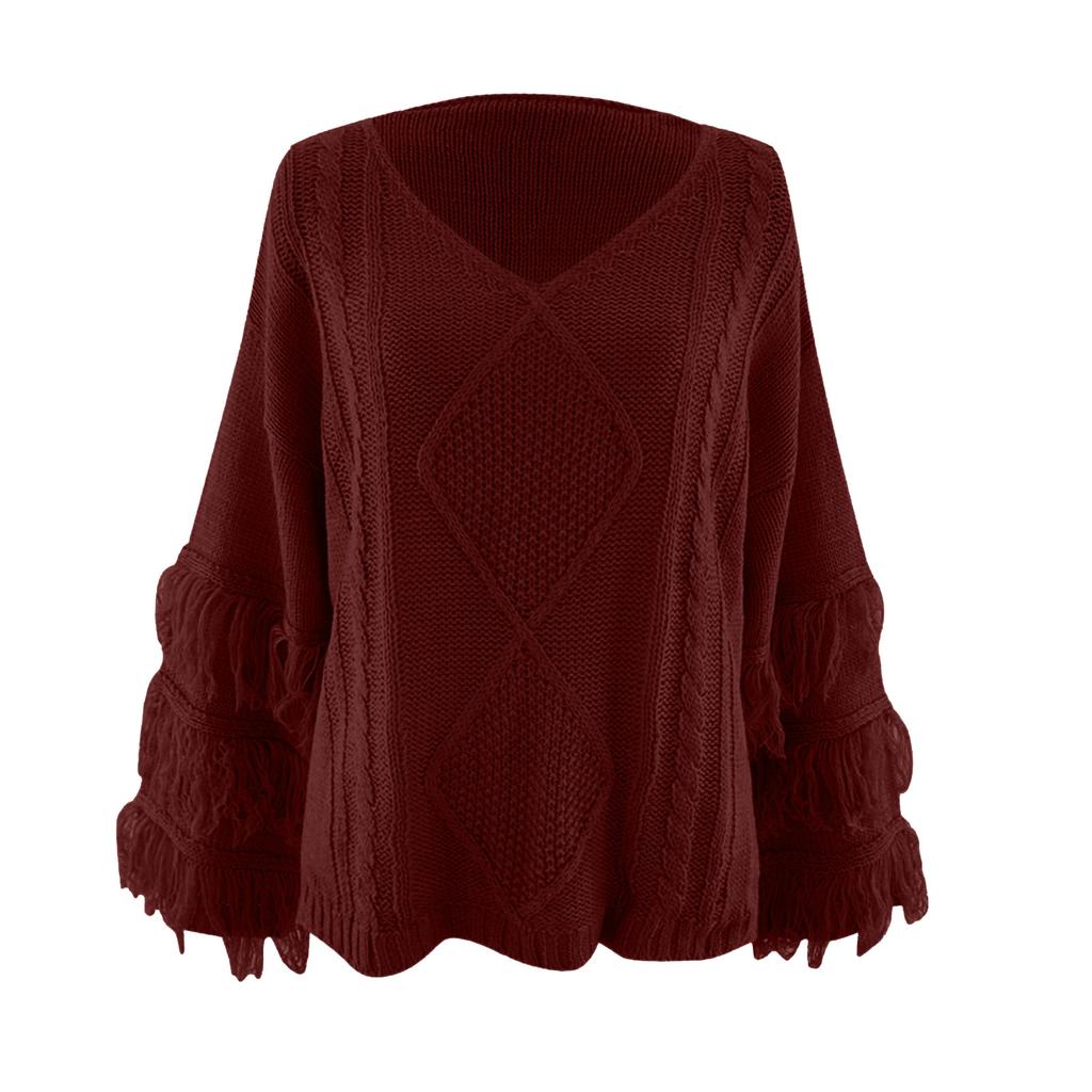 Women's  And Winter Loose Solid Color Wide Sleeve Tassels Stitching Long-sleeved  Knit Sweater Top