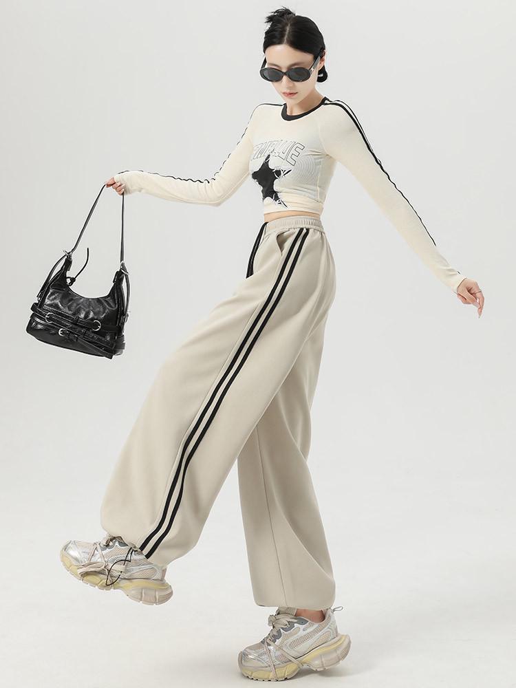Women's American-Style Sweatpants with Side Stripe - High Waist, Slimming, Wide Leg - Spring/Autumn 2024