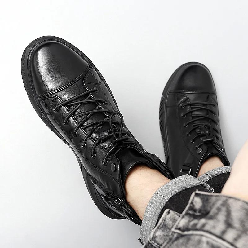 Ankle Boots Men Black PU Leather Shoes Autumn Winter Comfortable Platform Casual Shoes High-top  Fashion Leahter Boots Man