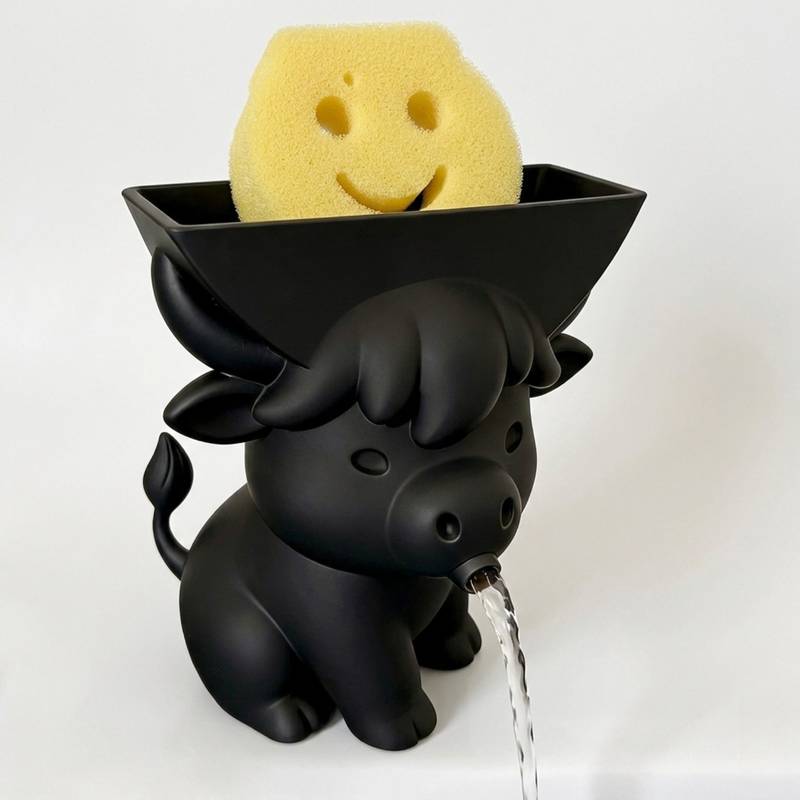 

3D Printed Cute Cow Sponge Drain Rack, Bull Theme Holder with Drainage for Sink/Bathroom чёрный