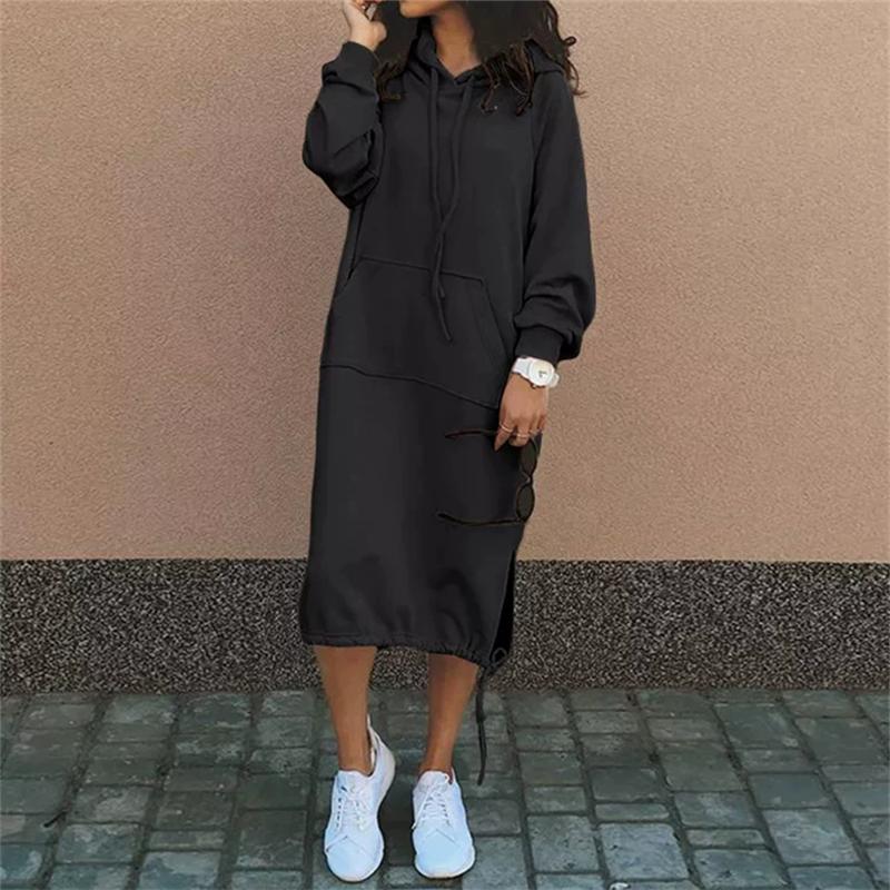 

Осень Зима Повседневные Однотонные Платья Худи Женская Мода Карман Кулиска Разрез Пуловер Толстовка с Капюшоном Платье XL чёрный