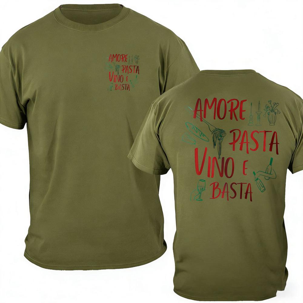 Amore Pasta Vino E Basta Double Sided Print TShirt Men Women Cotton Crew Neck Italian Food Graphic Casual Short Sleeve Gift