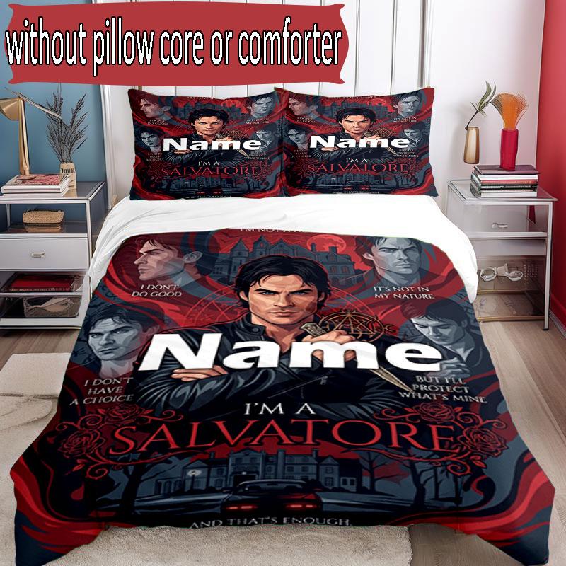 3pcs Duvet Cover Set (1*Duvet Cover + 2*Pillowcase, Without Core), Custom Name Damon Salvatore Pattern Bedding Set, Home Bedroom Decor Gift