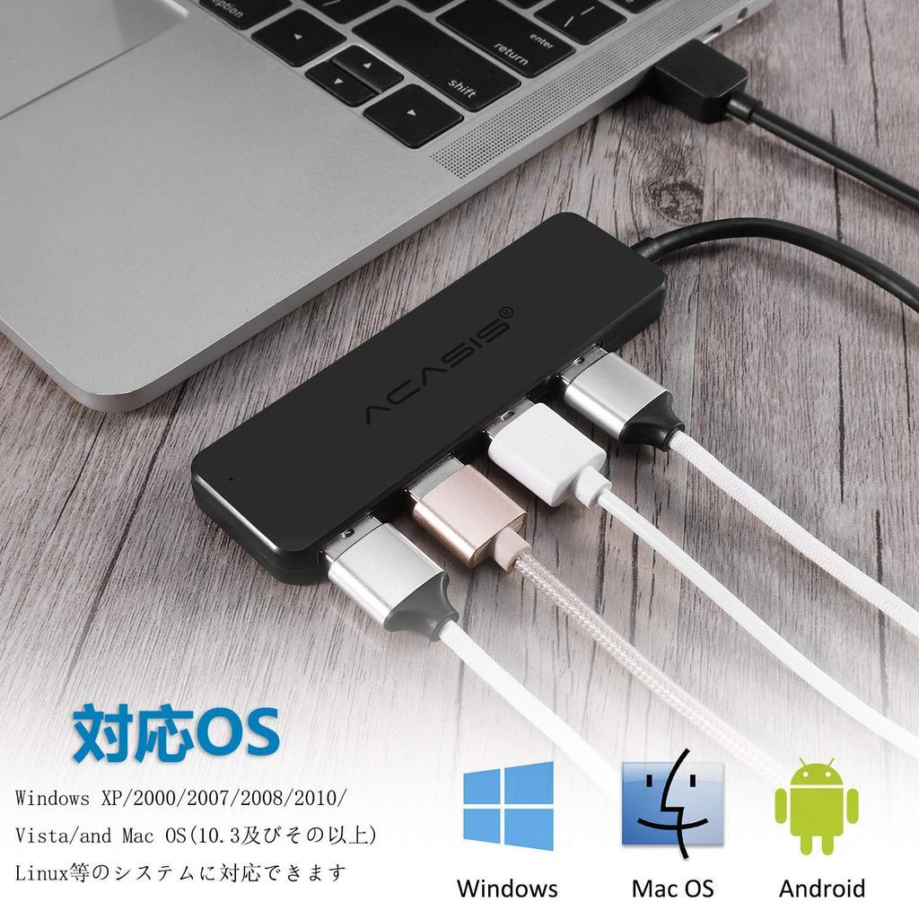USB with MicroUSB Power Compatible with Windows and 4-Port 3.0 High-Speed Hub, 5Gbps, Supply, Bus-Powered, Mac, Black.