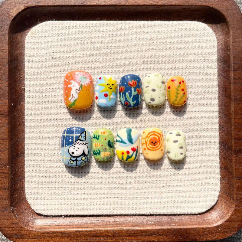 Hand-Painted Press-On Nails Short Square Cat Eye Design Cute Kawaii Style Wearable Nail Tips Women