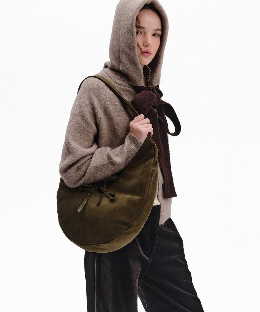 Bowtique Crescent Suede Hobo Bag_Khaki