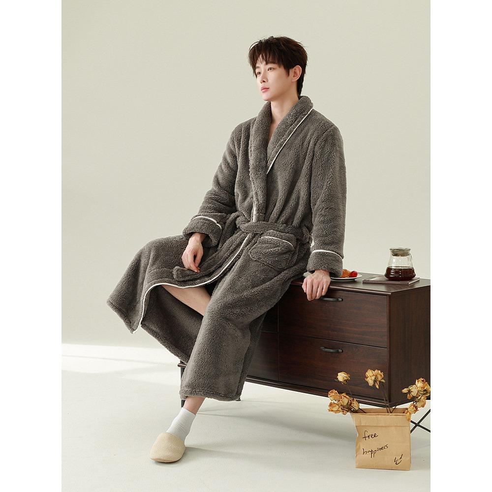2025 Autumn and Winter Thickened Morning Robe Men's Nightgown Women's Extended Bathrobe Couple Pajamas