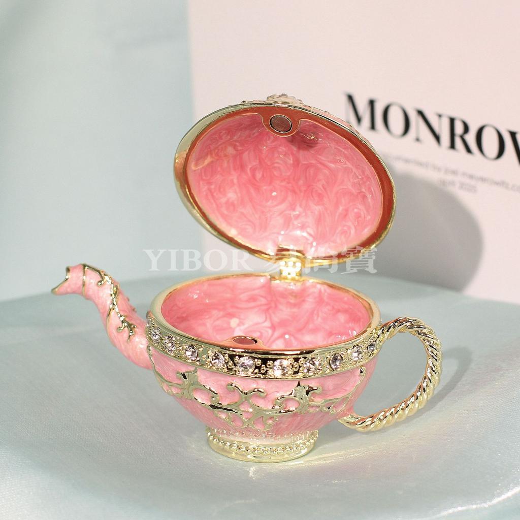 Metall Cloisonné Teekanne Schmuckschatulle, Vintage Gold Emaille Figur, Strass Akzent Handgefertigtes Geschenk für Schminktisch Dekoration