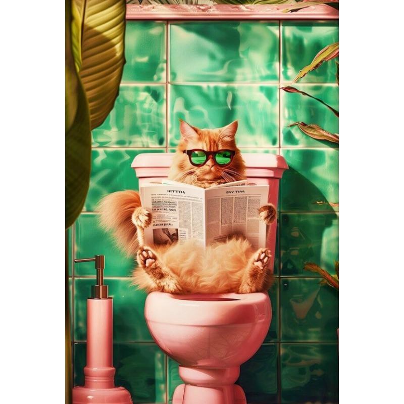 Trendy Bathroom Cat Pooping Reading In The Toilet Animal Canvas Painting Wall Art Print Bathroom Home WC Decor