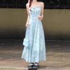 Blue suspender floral dress women's summer new high-end tea break style French temperament long dress