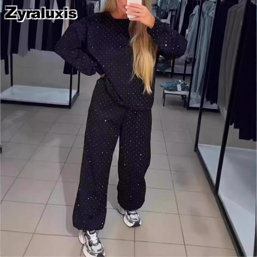 Autumn/Winter Women's Casual Long Sleeve Crew Neck Sweatshirt and Leggings Set with Rhinestones