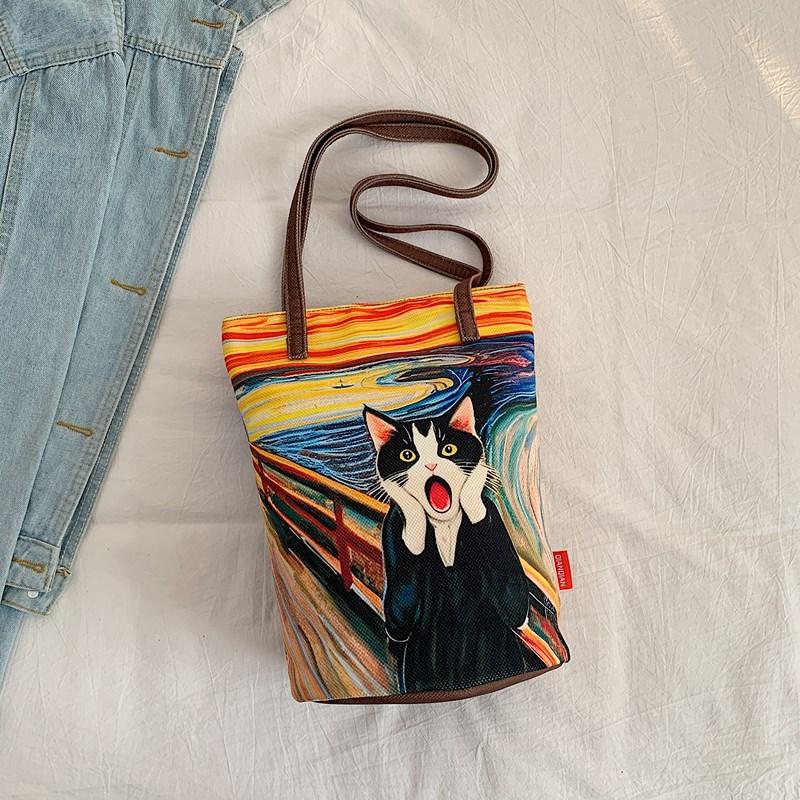 Women Handbag Lovely Cartoon Printed Bucket Bag Portable Cylinder Bag Canvas Tote Bag Students Carry Lunch Bags for Girls