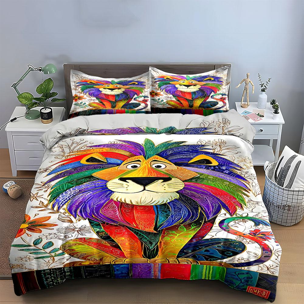 Colorful lion with flowers. Bedding sets Duvet cover sets Duvet covers Pillowcases(1* Duvet Cover 2* Pillowcases without duvet insert)