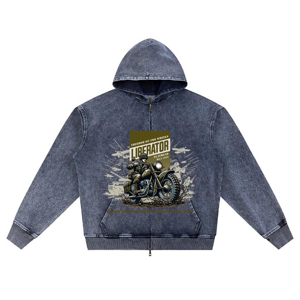 DTG Print Knitted Denim Zip-Up Hoodie Liberator Brother Print Zipper Hoodies  
