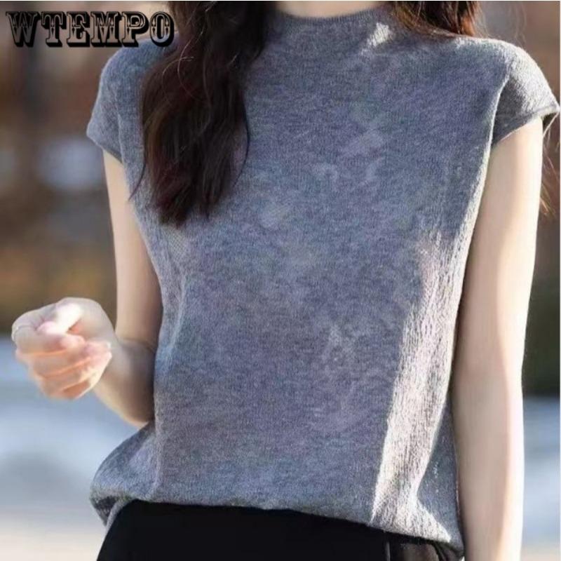 Women's Half High Neck Knitted T-shirt Base Half Sleeve Slimming Knitted T-shirt