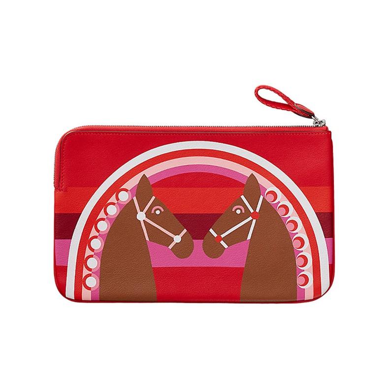 Hermès Teletina Stříbrná přezka Duhový vzor Srdce Tištěná kůže Spojka Dámská spojka Srdce-Červená Kaštanová H082152CKAA