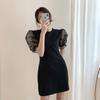 BEYANE Sheer Sleeve Cabaret Sexy Korean Party Wedding Short Concert Elegant Short Mini Plus Jeweled Formal Mini Cabaret Upper Arm Length Dress, Black,