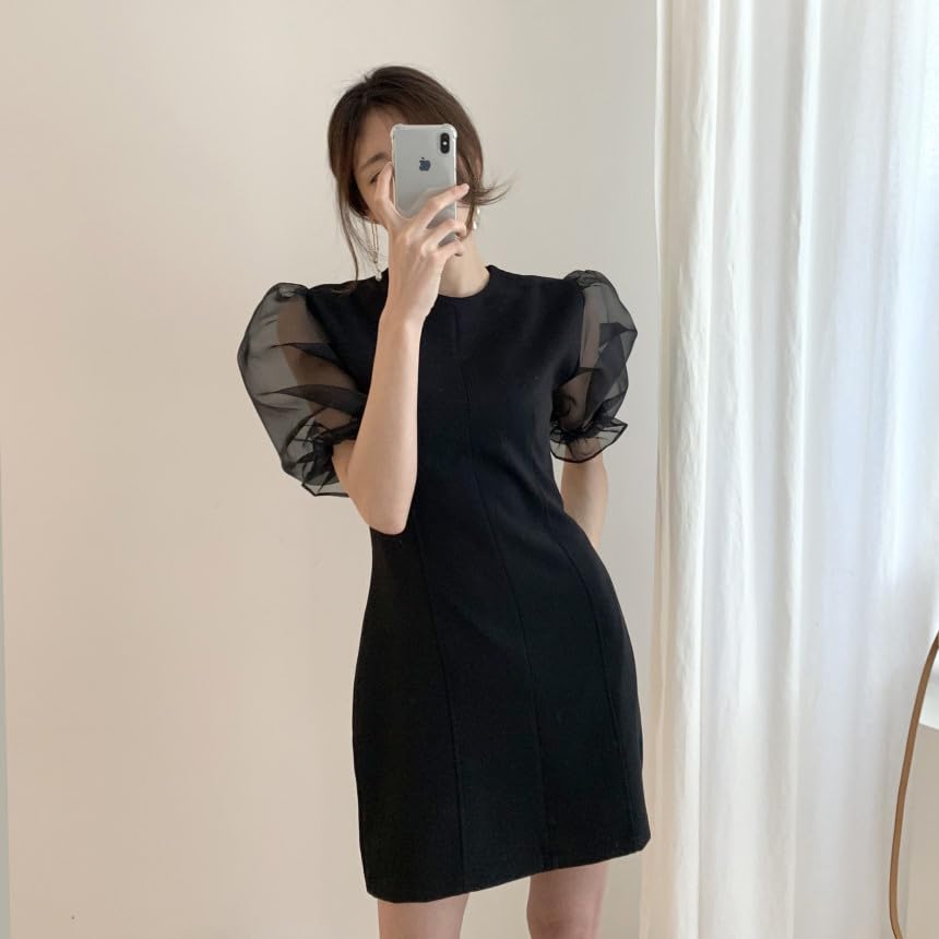 BEYANE Sheer Sleeve Cabaret Sexy Korean Party Wedding Short Concert Elegant Short Mini Plus Jeweled Formal Mini Cabaret Upper Arm Length Dress, Black,