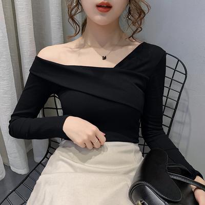 Spring New Foreign Style Sexy Off-the-shoulder Diagonal-neck Bottoming Shirt with Exposed Collarbone Inner Top Long-sleeved T-shirt Women