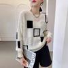 Black White Color Block Grid Knit Top Autumn Korean Slim Casual Loose Versatile Mesh Long Sleeve Round Neck Shirt