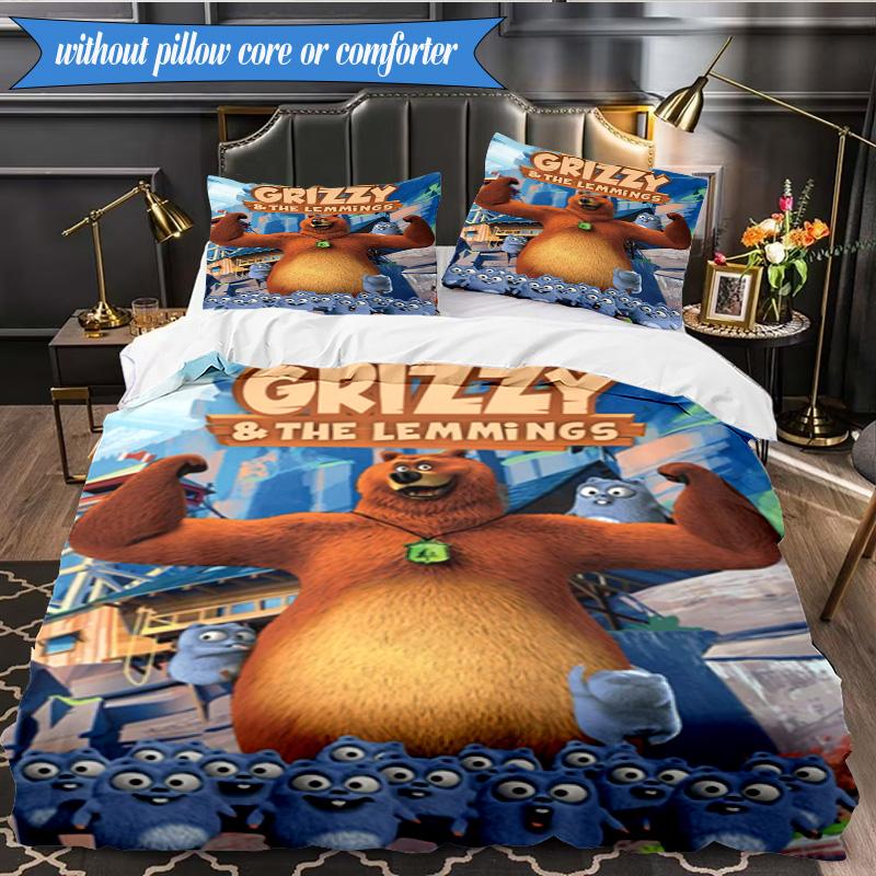 Bear And Blue Critter Adventure 3pcs K-pop music group Bedding set,Ideal for Bedroom, Dormitory,Including Duvet Cover And 2pcs Pillowcases,Fan gifts