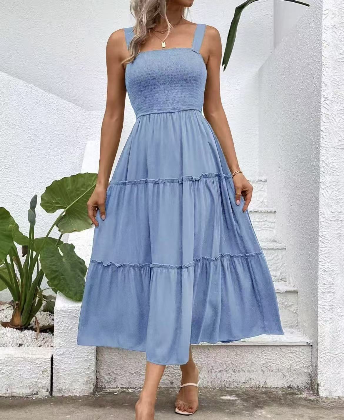 2026 European and American spring and summer dress women s fashion sleeveless suspender collection solid color - big swing dress S
