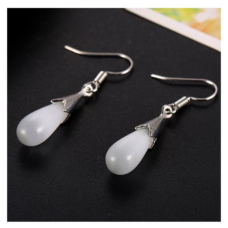 925 Sterling Silver Crystal Cat's Eye Water Drop Dangle Earrings - Korean Style for Women