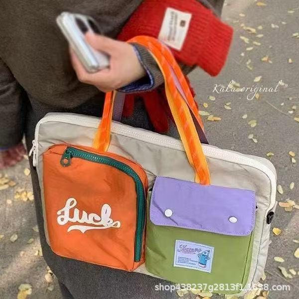 

Korean Women s Color-Block Canvas Tote: Large Capacity, Casual Patchwork Design, Ideal for Travel and Commute, Fits Tablet. 38*4*30 білий