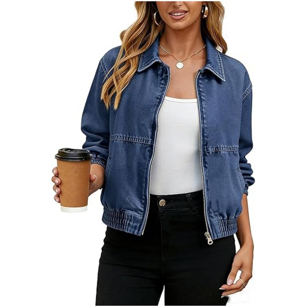 Veste en jean décontractée rétro pour femme à manches longues, col à revers et fermeture éclair sur le devant