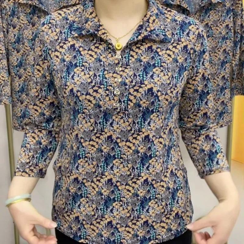 Womens Navy Blue Star Floral Print Polo Collar Half Sleeve Blouse