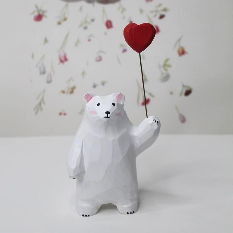 Handcrafted Wooden Bear Figurine with Heart Balloon Charming Desktop Decor, Artisanal Wood Carving,Cute Animal Design,Ideal Gift for Special Occasions
