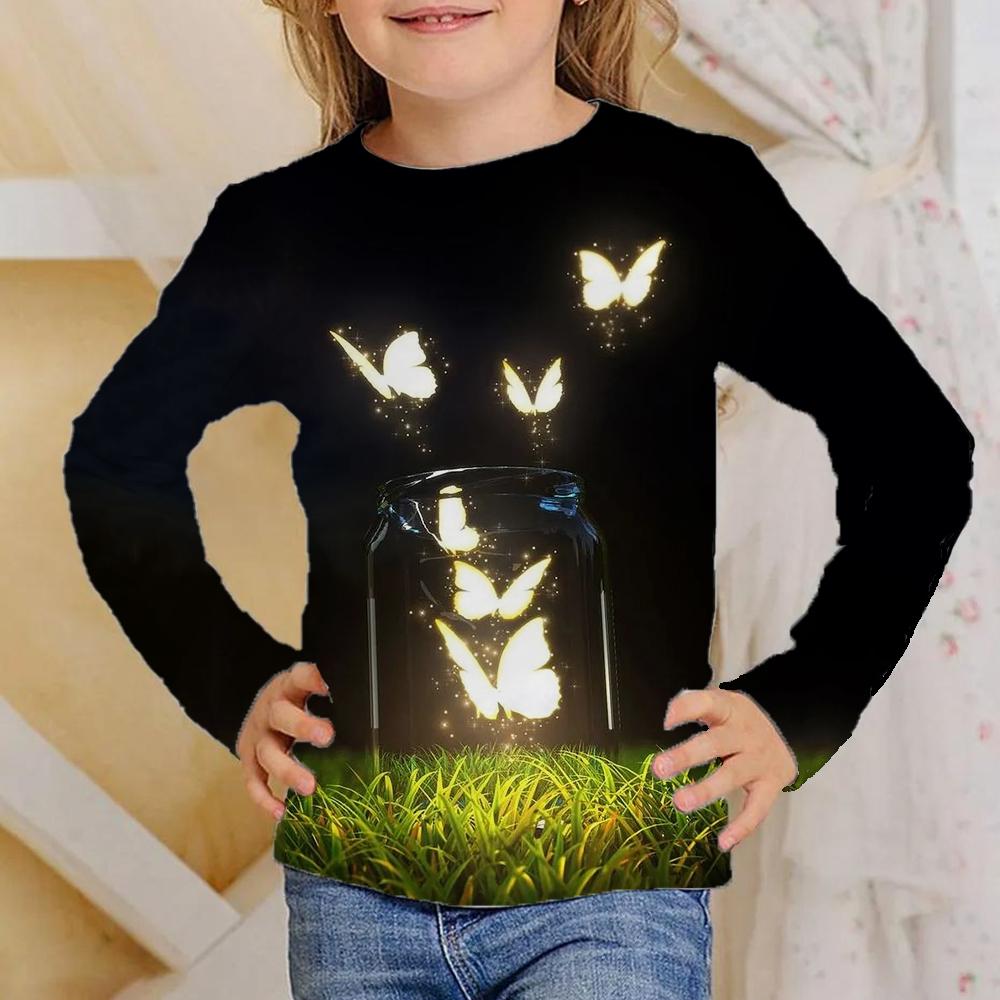 Spring and Autumn Round Neck Butterfly Pattern 3D Printed Top Fashionable Casual Long Sleeved Children's Girl T-shirts