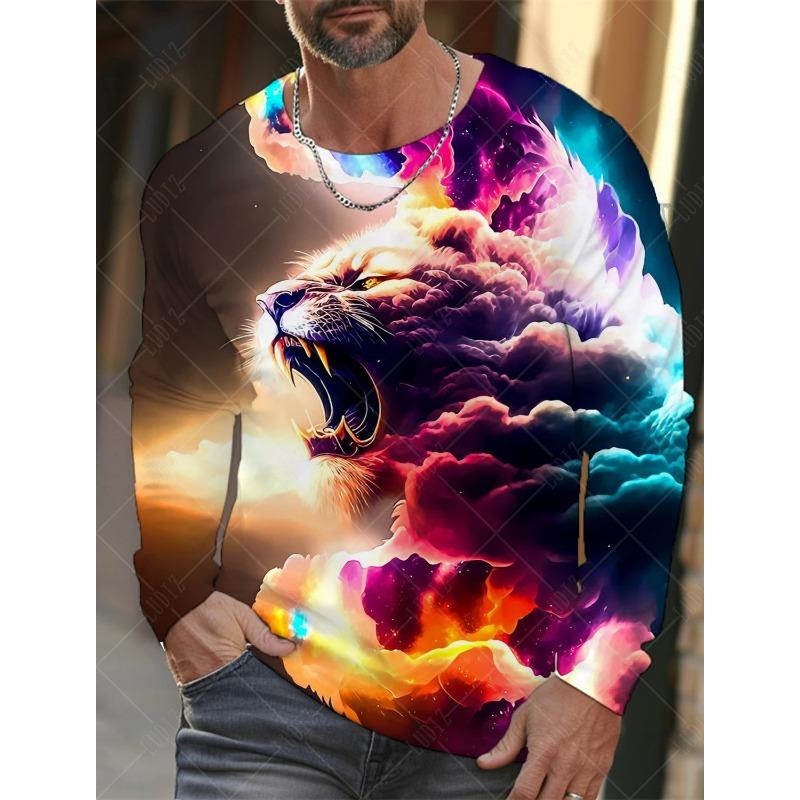 Outdoor Leisure Men's Long-sleeved T-shirt Animal Tiger Lion Leopard Pattern Street Top Sports Fashion Autumn Warm Long Sleeve