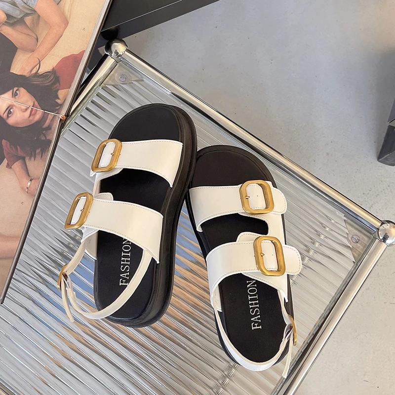 Fashion 2025 Summer Buckle Strap Women's Sandals Fashion Open Toe New Casual Best Seller Metal Decoration Retro Rome Solid Flat Sandals