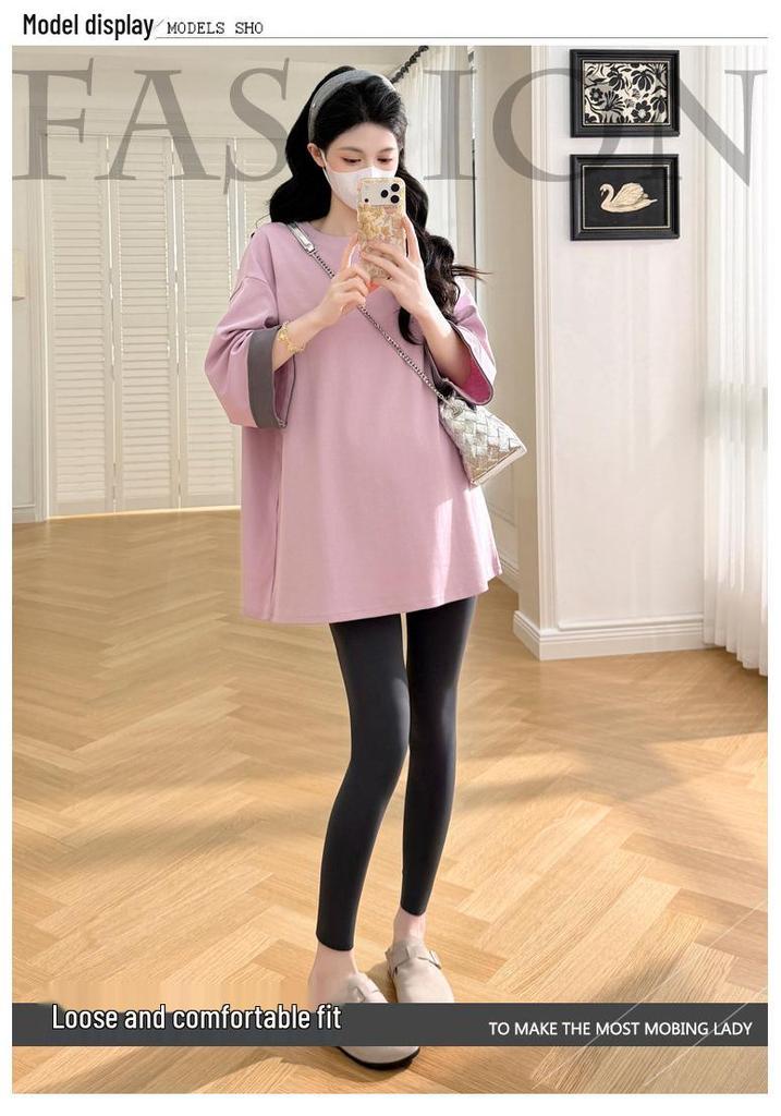 2025 Spring Fashion Plus Size Maternity T-Shirt: Trendy Loose-Fit, Casual, Three-Quarter Sleeve for Moms