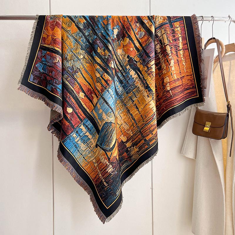Mixed Contrasting Color Double-Sided Shawl Winter High-End Warm Square Scarf