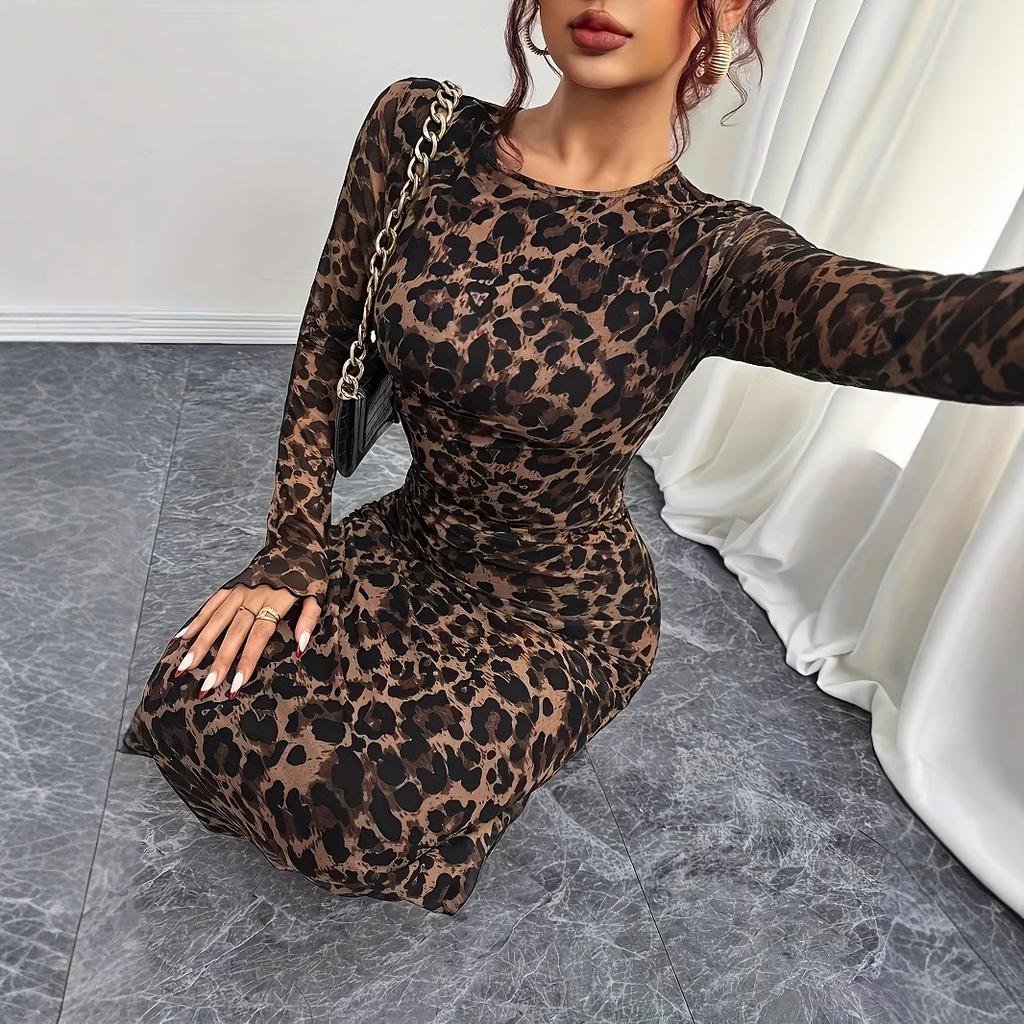 Women's Elegant Leopard Print Long Sleeve Round Neck Sexy Waist Tight Dress