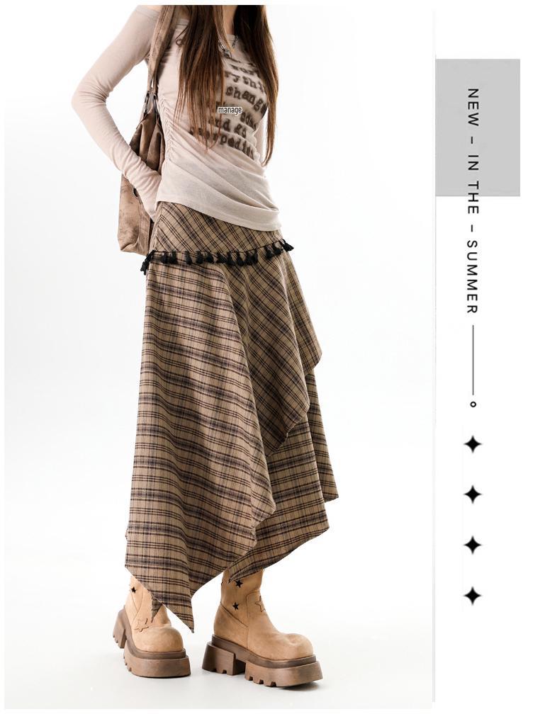 Women's Irregular Plaid Tassel A-line Skirt with Embroidery - High Waist, Slimming Fit, Mid-length for Autumn/Winter