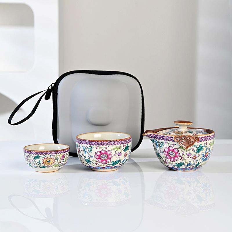 Palace Style Travel Tea Set, One Pot and Two Cups, Outdoor Portable Set, the Whole Set of Ru Kiln Kuaike Cup, Teapot, Teacup Gift.
