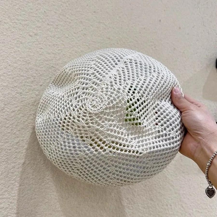 Women's Hollow Out Beret Vintage Harajuku Style Mesh Bucket Hat Breathable Face Slimming Artist Cap Summer Kawaii